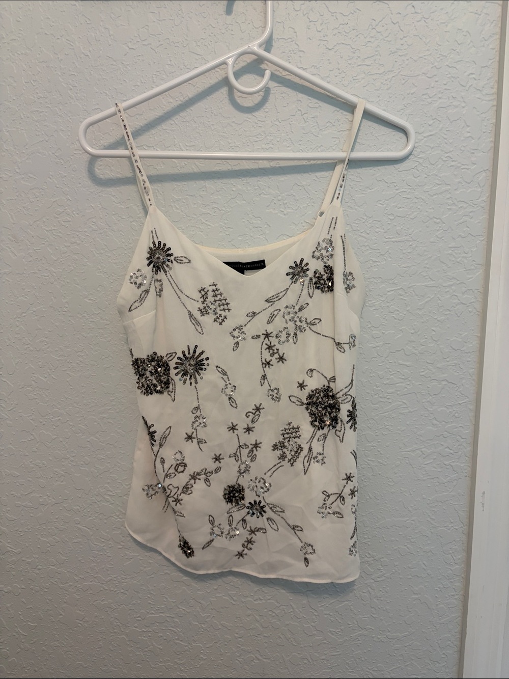 White House Black Market White Camisole with Black Beaded Floral Detail